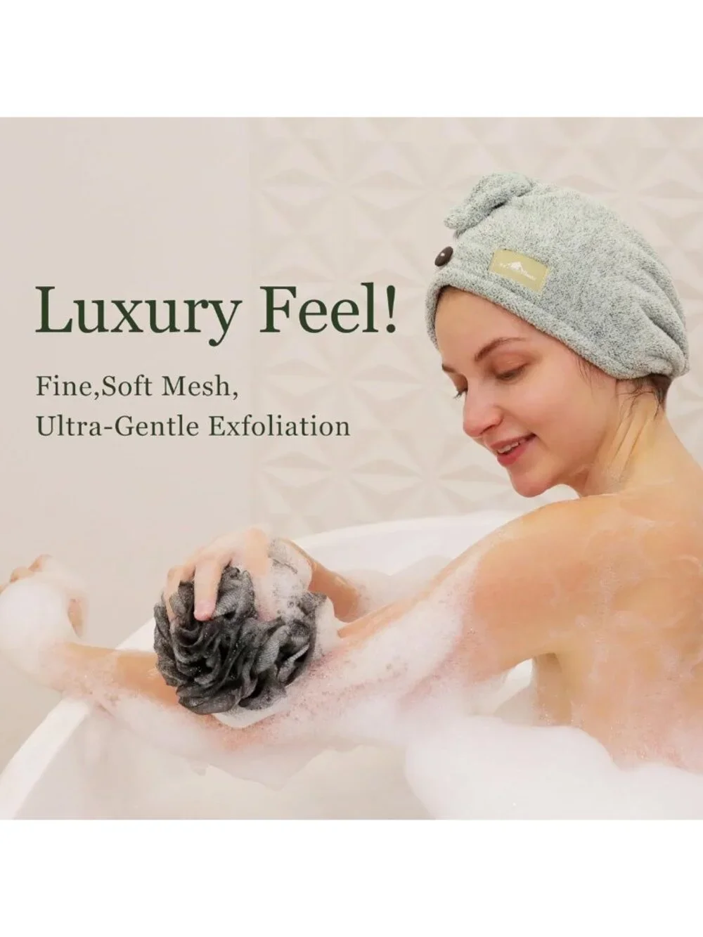 Exfoliating Shower Pouf 3-Pack - Charcoal & Sage Green Loofah Sponge Set for